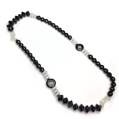 Vintage Chunky White Quartz Stone with Black Faceted Bead Necklace