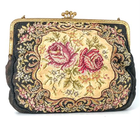 Vintage Tapestry Evening Bag with Ornate Gold-Tone Frame & Chain