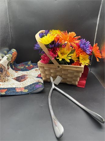 Polished Silver Metal Wishbone Sculpture, Basket w/Flowers & Fall Table Runner