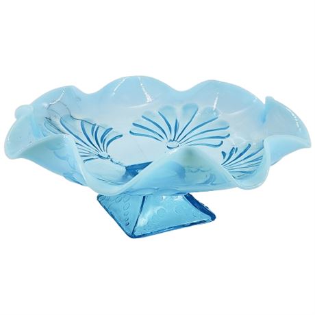 Vintage Jefferson Glass "Beaded Fans" Aqua Opalescent Ruffled Compote