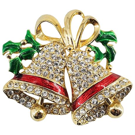 Vintage Rhinestone Christmas Bells Brooch