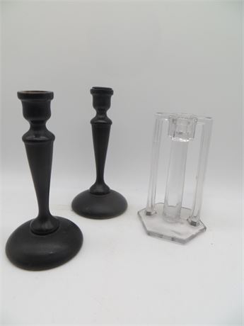 Pr. of Wood Candlesticks & 1930's Crystal Candlestick As Is