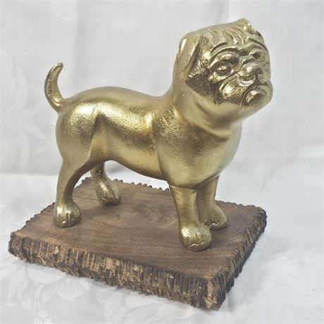 Metal Pug Figurine on Wood