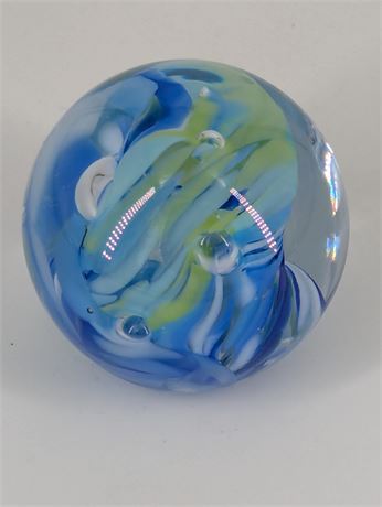 Corning, New York "Hands on Glass" Small Glass Paperweight Blue Yellow