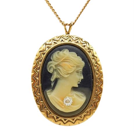 Vintage Black Resin Cameo Pendant Necklace w/ Genuine Diamond Chip