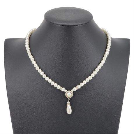 Vintage Y-Drop Faux Pearl Necklace w/ Rhinestone Halo Centerpiece