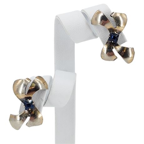 Vtg JOLLE Sterling Silver Faux Sapphire Bow Screwback Earrings