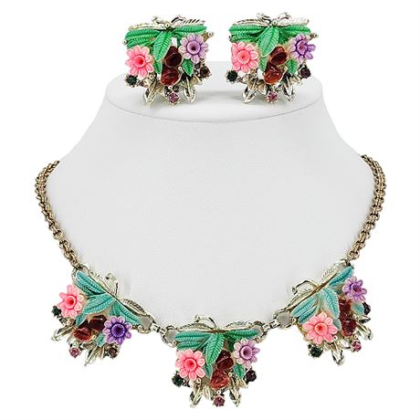 Vintage Molded Celluloid Floral Necklace & Clip Earrings