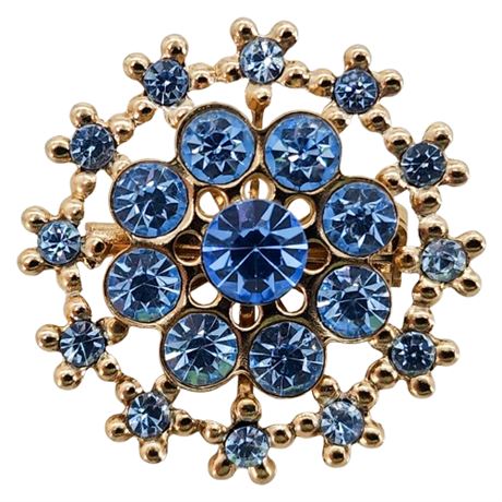 Vtg Ice Blue Rhinestone Flower Circle Brooch