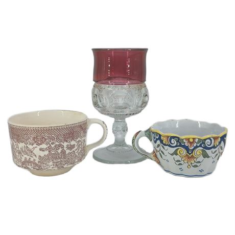 Set of 3 Vintage Cups and Glass