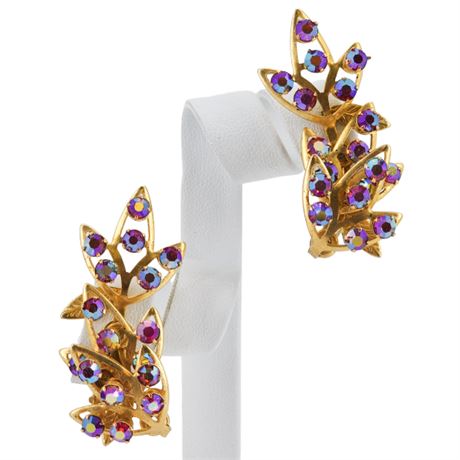 Vintage Prong Set Red Aurora Borealis Rhinestone Climber Clip Earrings