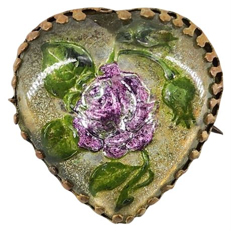 Vintage Goofus Glass Reverse Painted Floral Heart Brooch