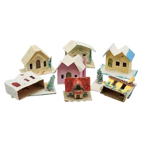 Seven Smaller Flawed Vintage Japanese Putz House Mica Glitter Buildings