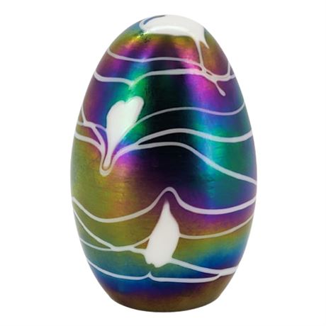 Vintage Iridized Rainbow & Hearts Art Glass Egg Paperweight