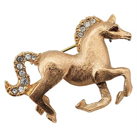 Vintage Rhinestone Accented Horse Brooch w/ Red Rhinestone Eye