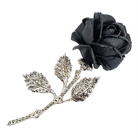 Vintage Silver Plated Marcasite & Matte Black Enameled Celluloid Rose Brooch