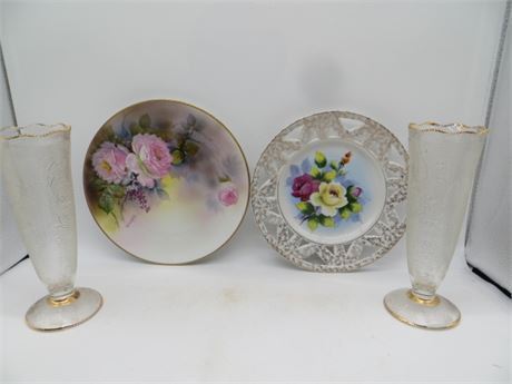 2 Jeanette Glass Harp Lyre Bud Vases, Vintage Noritake Signed Plate, Lefton Plat