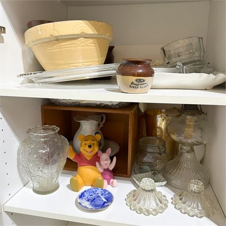 Shelf Lot of Assorted Glassware, China & Stoneware