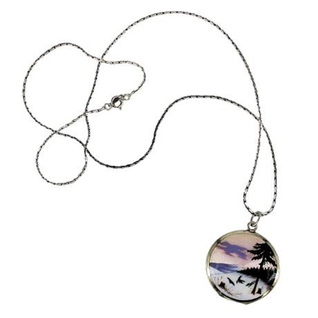 935 Silver Locket ~ Pine Tree Forest Scene ~ on 925 Sterling Silver Chain