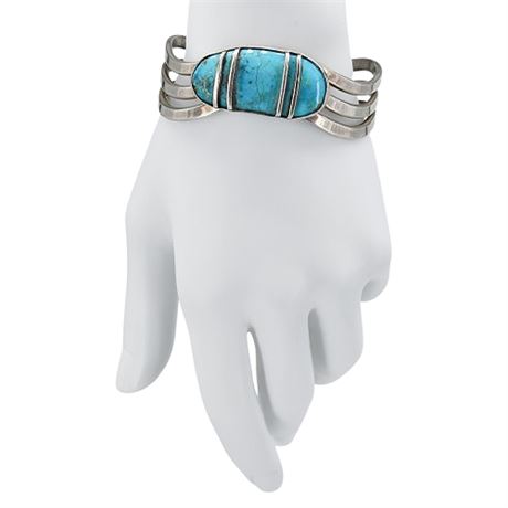 Vtg Sterling Silver Turquoise Cuff Bracelet, Flawed