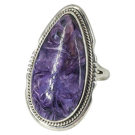 Signed MM Native American Sterling Silver Charoite Ring, Sz 6.5