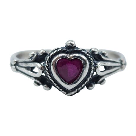 Unsigned Sterling Silver Ruby Heart Ring, Sz 7