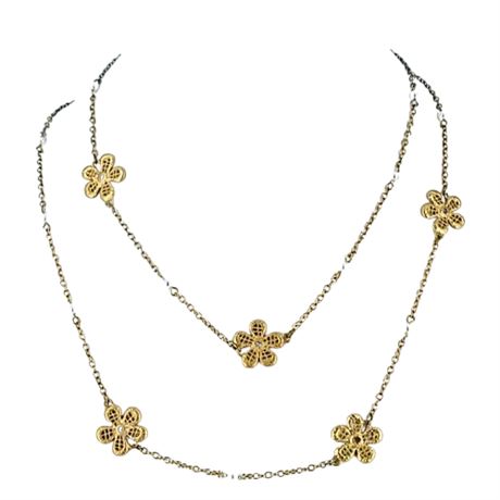 Vintage Long Strand Gold Floral and Faux Pearl Necklace