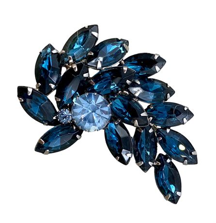 Large Faceted Azure Blue Mid Century Rhinestone Cocktail Brooch