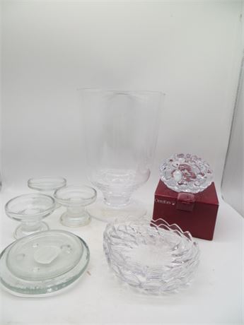 Large Glass Container, Candlesticks, Coasters, Nut Dishes & Orrefors Dish