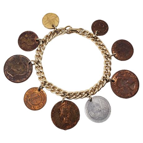 Signed Vintage CORO Foreign Coins Charm Bracelet