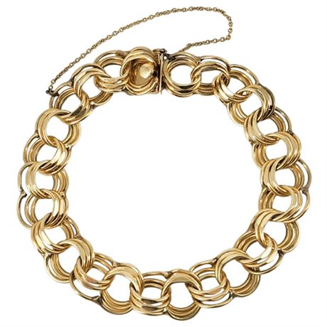 Signed Vintage 14K Gold Triple Link Charm Bracelet