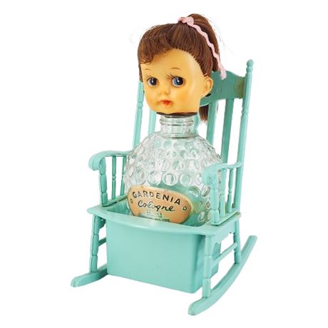 Vintage Lander Gardenia Cologne Doll's Head Glass Bottle w/ Rocking Chair
