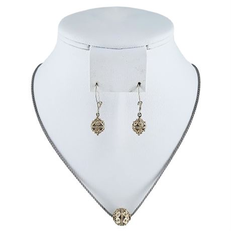 Sterling Silver Filigree Ball Pendant Necklace & Earrings