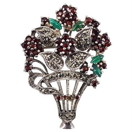 Vintage Sterling Silver Garnet, Emerald, & Marcasite Bouquet Brooch/Pendant