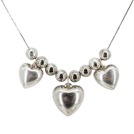 Vintage Silver Tone Triple Puffy Heart & Beads Pendant Necklace