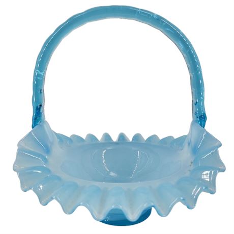Vintage Fenton Blue Overlay Cased Brides Basket Ruffled Edge Applied Handle