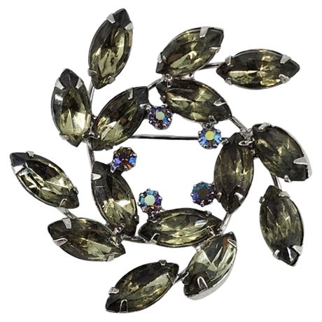 Vintage Smoke Navette & Aurora Borealis Rhinestone Swirl Brooch
