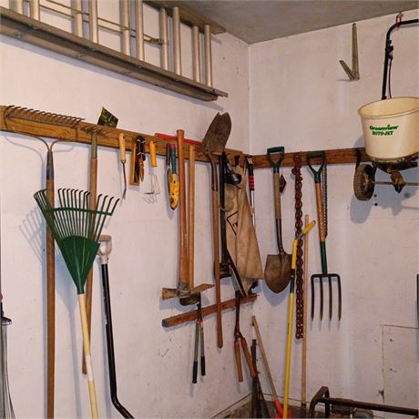 Garden and Yard Tool Lot - Rakes, Shovel, Seed Spreader, Trowel, Pruning Shears