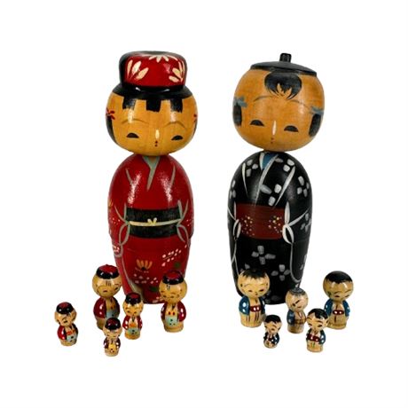Japanese Kokeshi Doll Family 12 Pc