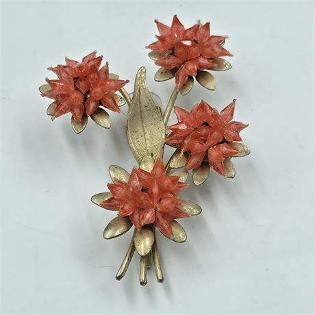 Coral plastic flowers, stickpin brooch