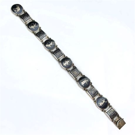 Vintage Siam Niello Enamel Thai Goddess Sterling Silver Panel Bracelet