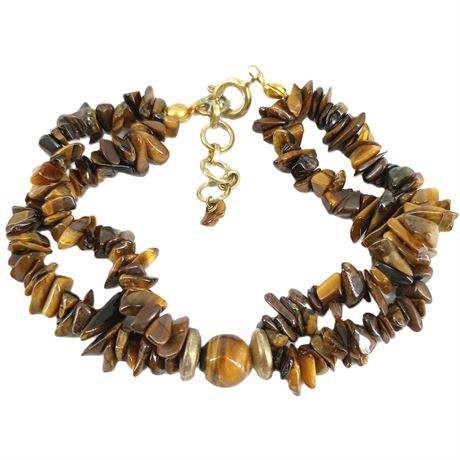 Tiger’s Eye Chip Bead Bracelet with Center Bead & Gold Tone Clasp