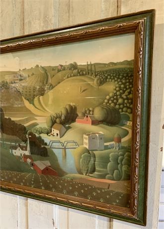 “Stone City” Framed Vintage Lithograph by Artist Grant Wood