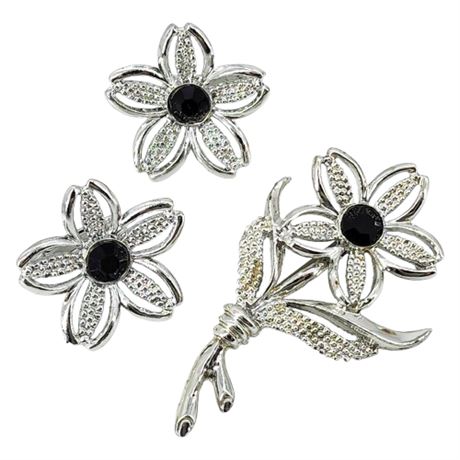 Vtg 1967 SARAH COVENTRY "Black Beauty" Flower Brooch & Earrings Set