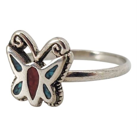 Vintage Native American Crushed Turquoise & Coral Butterfly Ring, Sz 4