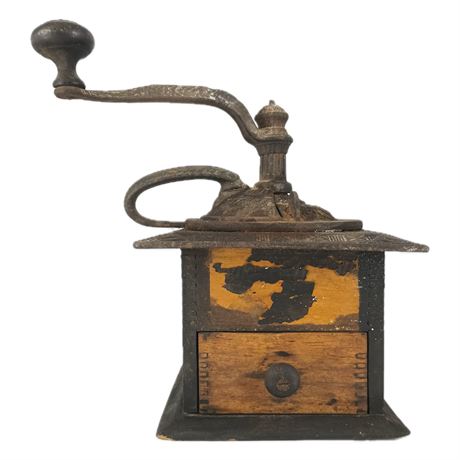 Antique Coffee Grinder with Wooden Box and Cast Iron Grinder, 1890 - 1910