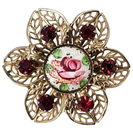 Vintage Enamel Rose & Rhinestone Flower Brooch