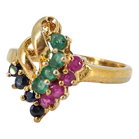 Vintage SETA Gold Tone Genuine Ruby, Emerald, & Sapphire Ring, Sz 9.5