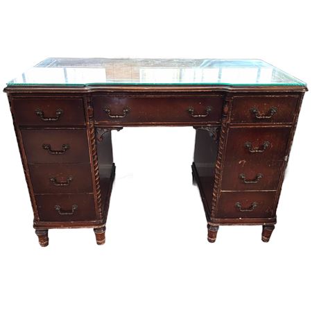 Vintage Mahogany Kneehole Desk with Oak Chair