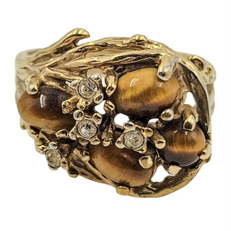 18k Gold Plated Tiger's Eye and Cubic Zirconia Ring Size 6